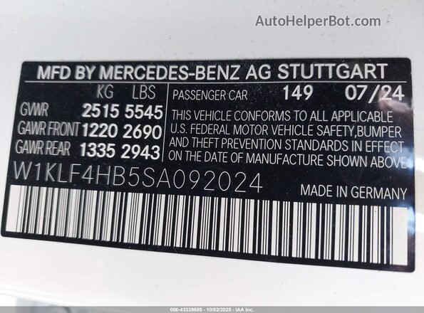 W1KLF4HB5SA092024 2025 MERCEDES-BENZ E-CLASS White Շարժիչի բաժամունքի տեսք