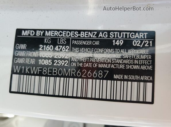 W1KWF8EB0MR626687 2021 MERCEDES-BENZ C White VIN კოდის სტიკერის ხედი