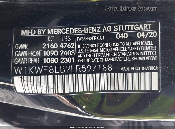 W1KWF8EB2LR597188 2020 MERCEDES-BENZ C-CLASS Black ძრავის განყოფილების ხედი