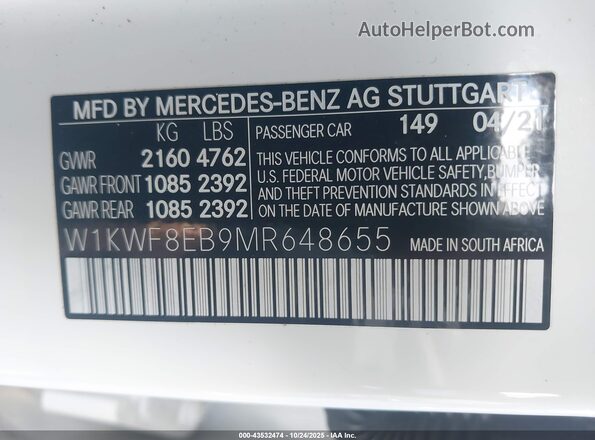 W1KWF8EB9MR648655 2021 MERCEDES-BENZ C-CLASS White Вид підкапотного простору