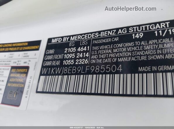 W1KWJ8EB9LF985504 2020 MERCEDES-BENZ C White Շարժիչի բաժամունքի տեսք