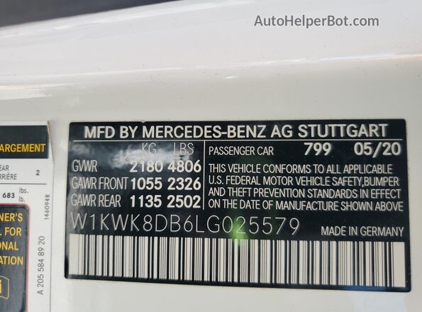 W1KWK8DB6LG025579 2020 MERCEDES-BENZ C White VIN კოდის სტიკერის ხედი