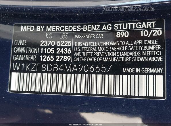 W1KZF8DB4MA906657 2021 MERCEDES-BENZ E-CLASS Blue Vista del compartimento del motor