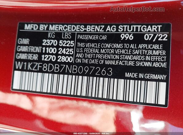 W1KZF8DB7NB097263 2022 MERCEDES-BENZ E-CLASS Red 