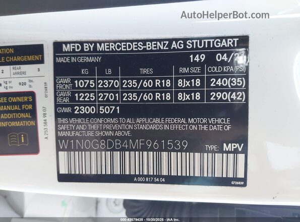 W1N0G8DB4MF961539 2021 MERCEDES-BENZ GLC 300 White Widok komory silnika