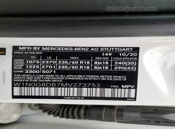 W1N0G8DB7MV273752 2021 MERCEDES-BENZ GLC-CLASS White Vista de la etiqueta del VIN