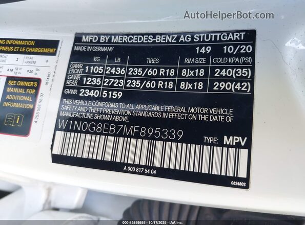 W1N0G8EB7MF895339 2021 MERCEDES-BENZ GLC 300 White Вид підкапотного простору