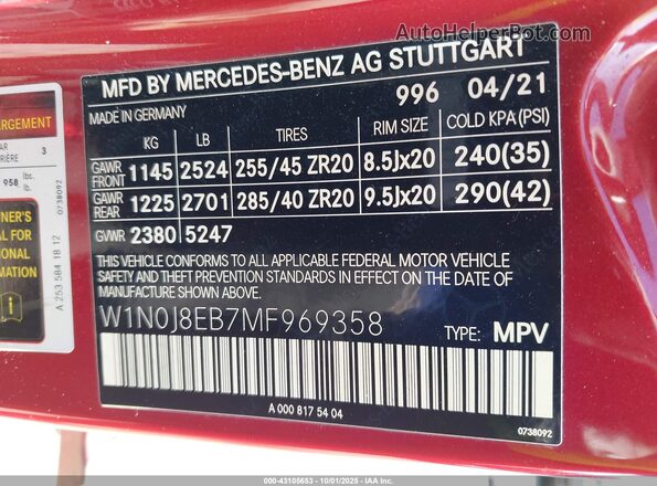 W1N0J8EB7MF969358 2021 MERCEDES-BENZ GLC 300 Red Вид підкапотного простору