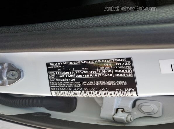 W1N4M4GB5LW021246 2020 MERCEDES-BENZ GLB-CLASS Белый Вид наклейки с VIN-кодом