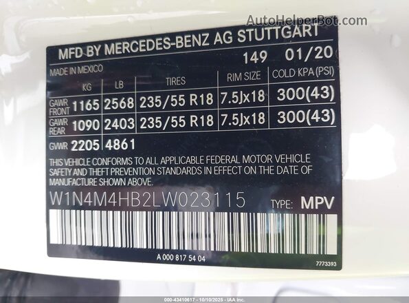 W1N4M4HB2LW023115 2020 MERCEDES-BENZ GLB-CLASS White Vista del compartimento del motor