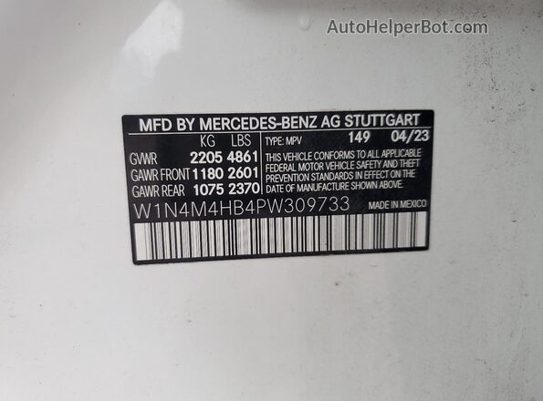 W1N4M4HB4PW309733 2023 MERCEDES-BENZ GLB-CLASS White VIN კოდის სტიკერის ხედი