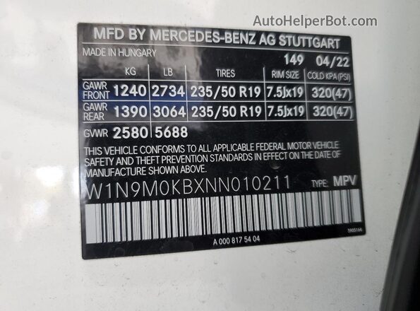 W1N9M0KBXNN010211 2022 MERCEDES-BENZ EQB White VIN sticker view