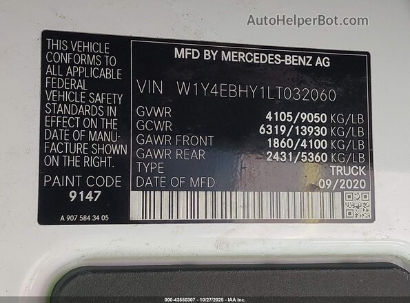 W1Y4EBHY1LT032060 2020 MERCEDES-BENZ SPRINTER White Շարժիչի բաժամունքի տեսք