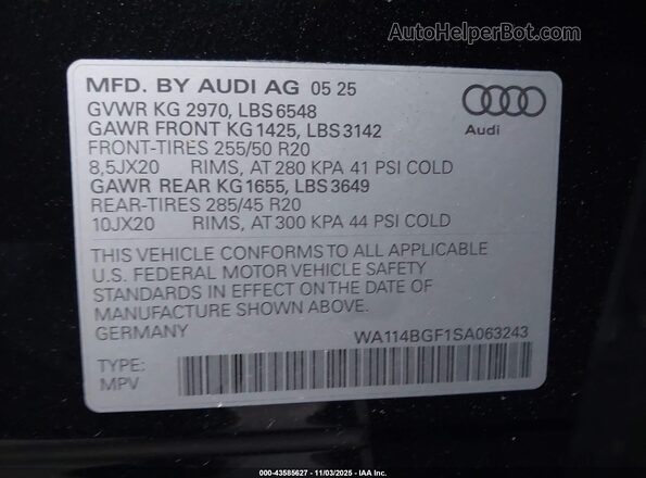 WA114BGF1SA063243 2025 AUDI Q6 E-TRON Black Vista del compartimento del motor
