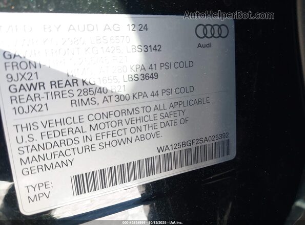 WA125BGF2SA025392 2025 AUDI SQ6 Black Widok komory silnika