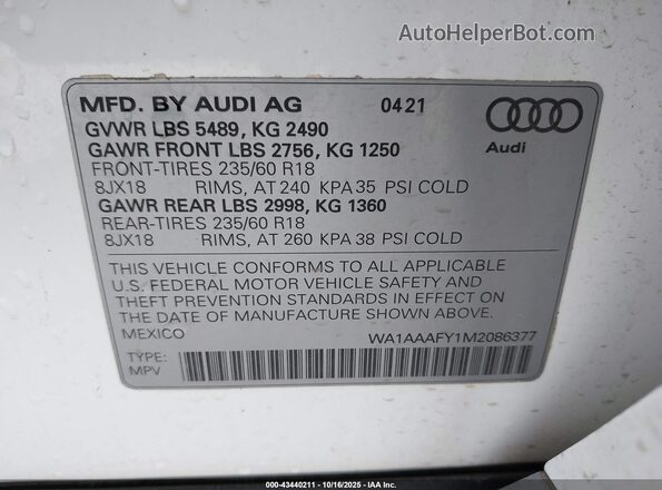 WA1AAAFY1M2086377 2021 AUDI Q5 White ძრავის განყოფილების ხედი