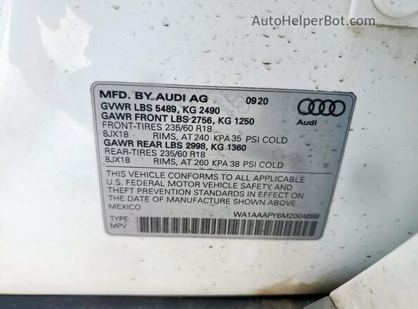 WA1AAAFY6M2004689 2021 AUDI Q5 White Vista de la etiqueta del VIN