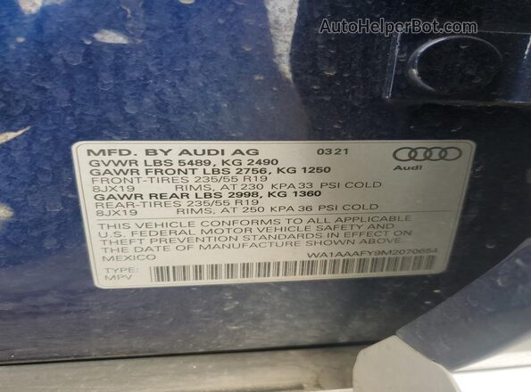 WA1AAAFY9M2070654 2021 AUDI Q5 Blue Vista de la etiqueta del VIN