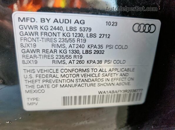 WA1ABAFY3R2036777 2024 AUDI Q5 Black Vista de la etiqueta del VIN