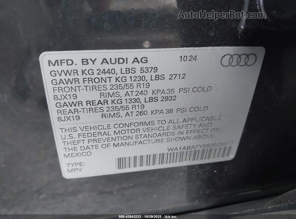 WA1ABAFY5S2025317 2025 AUDI Q5 Gray 