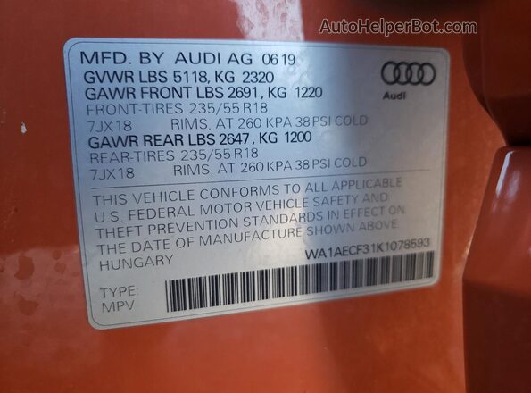 WA1AECF31K1078593 2019 AUDI Q3 Orange Widok naklejki z numerem VIN
