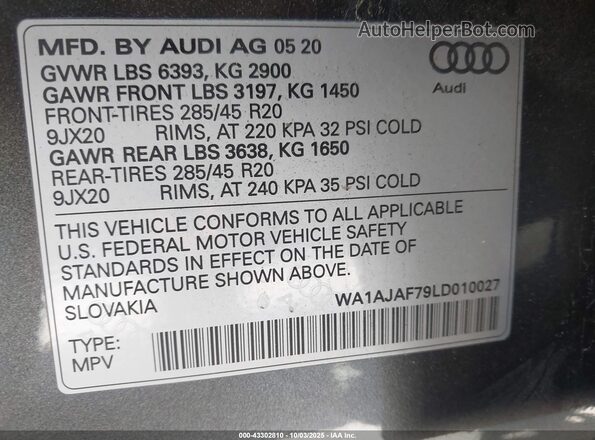 WA1AJAF79LD010027 2020 AUDI Q7 Gray Engine compartment view