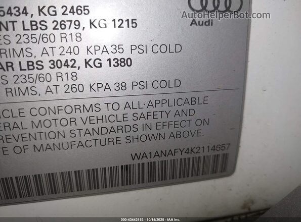 WA1ANAFY4K2114657 2019 AUDI Q5 White ძრავის განყოფილების ხედი