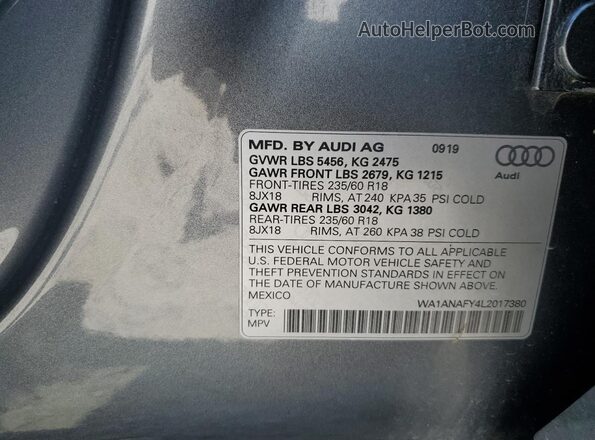 WA1ANAFY4L2017380 2020 AUDI Q5 Gray Widok naklejki z numerem VIN