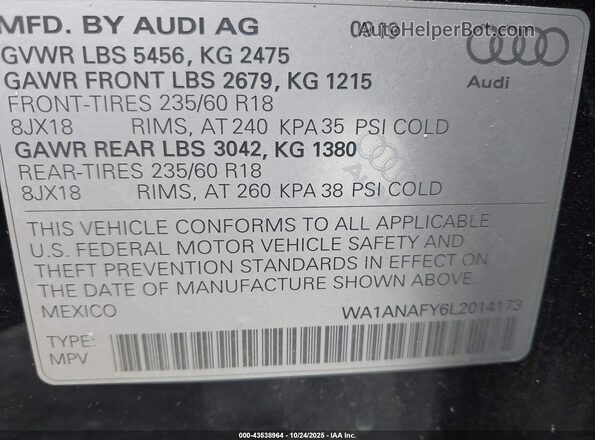 WA1ANAFY6L2014173 2020 AUDI Q5 Blue Vista del compartimento del motor
