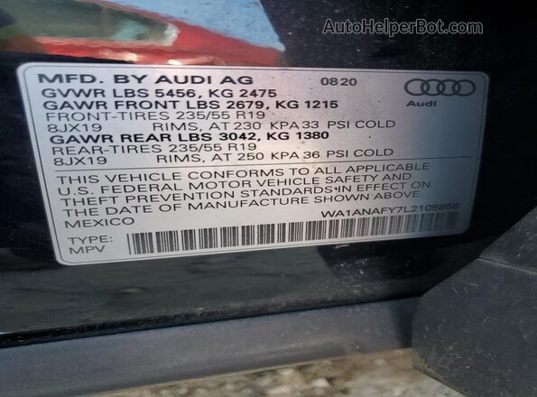 WA1ANAFY7L2105856 2020 AUDI Q5 Black Widok naklejki z numerem VIN