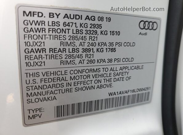 WA1AVAF16LD004251 2020 AUDI Q8 White VIN კოდის სტიკერის ხედი