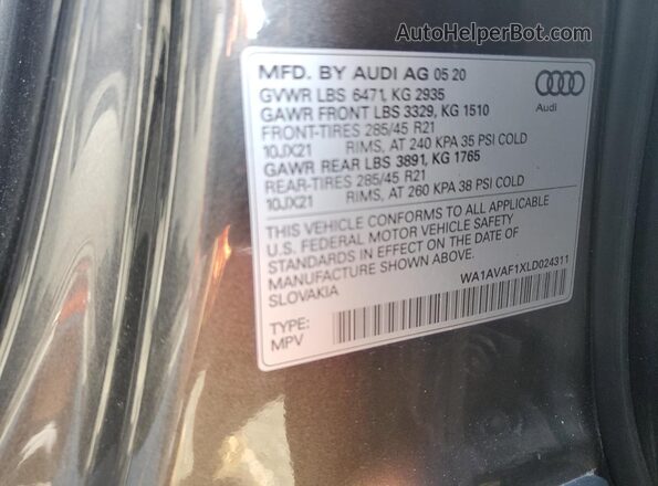 WA1AVAF1XLD024311 2020 AUDI Q8 Gray Вид наклейки з VIN-кодом