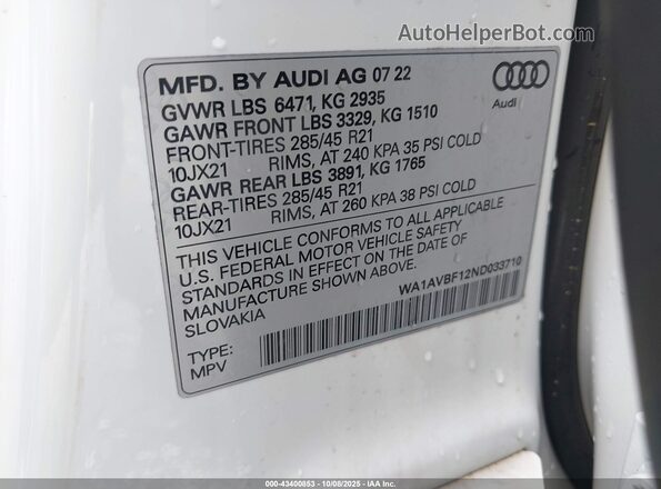 WA1AVBF12ND033710 2022 AUDI Q8 White ძრავის განყოფილების ხედი
