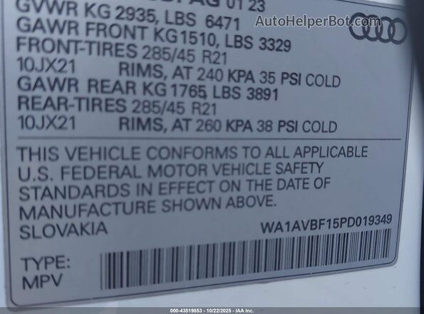 WA1AVBF15PD019349 2023 AUDI Q8 White Շարժիչի բաժամունքի տեսք