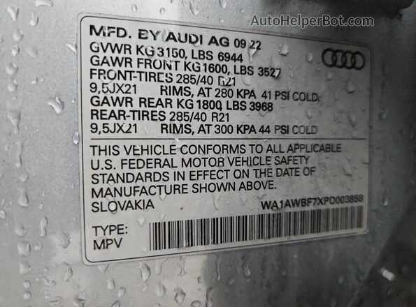 WA1AWBF7XPD003858 2023 AUDI SQ7 Серебряный Вид наклейки с VIN-кодом