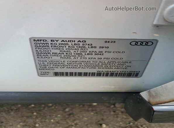 WA1B4AFY1P2135643 2023 AUDI SQ5 White Widok naklejki z numerem VIN