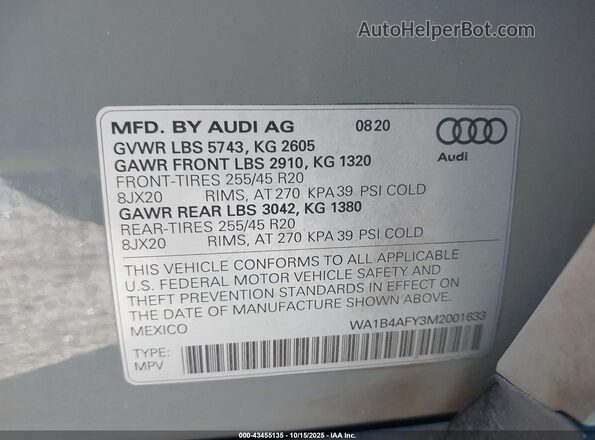 WA1B4AFY3M2001633 2021 AUDI SQ5 Gray Vista del compartimento del motor