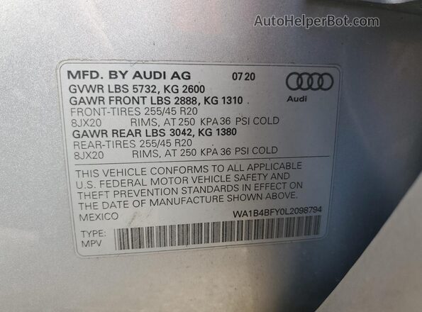 WA1B4BFY0L2098794 2020 AUDI SQ5 Silver VIN կոդի պիտակի տեսք