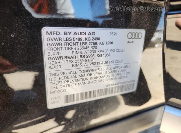 WA1BAAFY5M2104366 2021 AUDI Q5 Черный Вид наклейки с VIN-кодом
