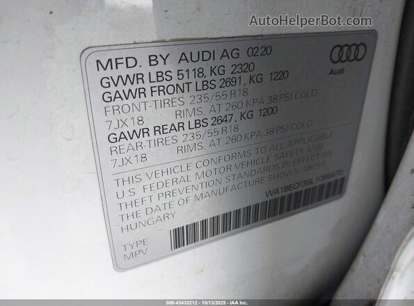 WA1BECF36L1086470 2020 AUDI Q3 White ძრავის განყოფილების ხედი
