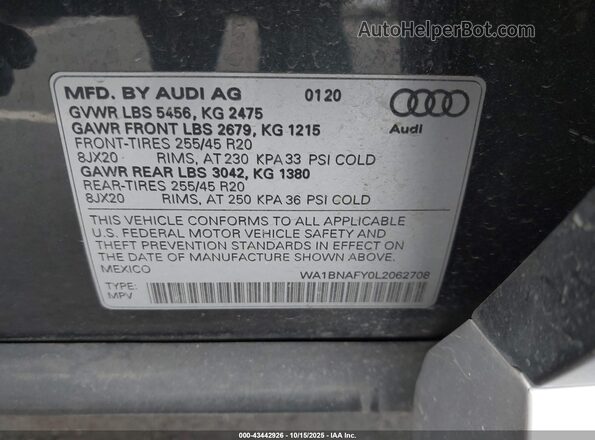 WA1BNAFY0L2062708 2020 AUDI Q5 Black ძრავის განყოფილების ხედი