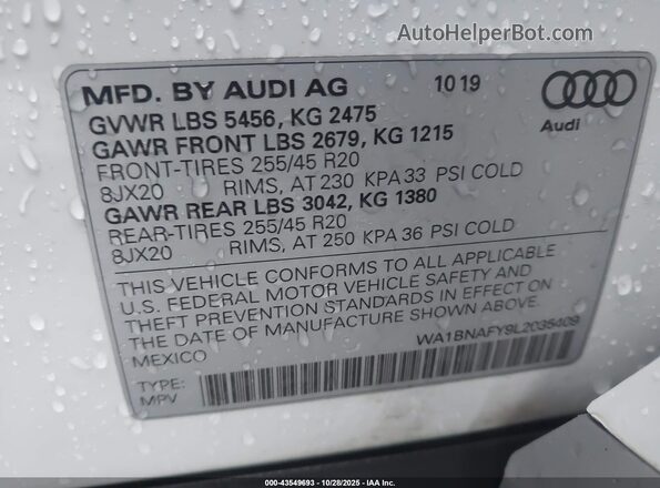WA1BNAFY9L2035409 2020 AUDI Q5 Белый Вид подкапотного пространства