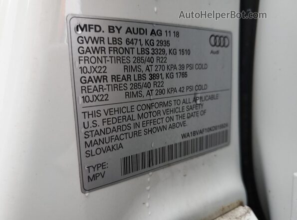 WA1BVAF10KD015524 2019 AUDI Q8 Белый Вид наклейки с VIN-кодом