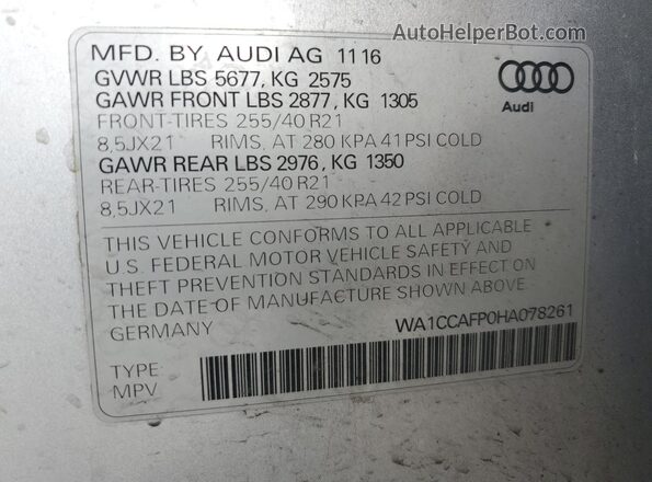 WA1CCAFP0HA078261 2017 AUDI SQ5 Silver VIN sticker view
