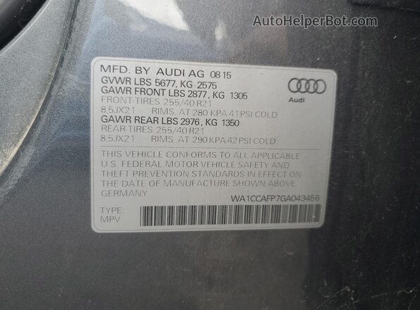 WA1CCAFP7GA043456 2016 AUDI SQ5 Gray VIN sticker view