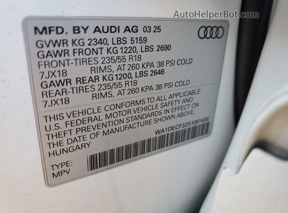 WA1DECF32S1061430 2025 AUDI Q3 White VIN sticker view