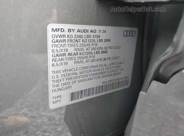 WA1DECF33S1027867 2025 AUDI Q3 Gray VIN კოდის სტიკერის ხედი