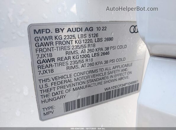 WA1DECF34P1049951 2023 AUDI Q3 White ძრავის განყოფილების ხედი