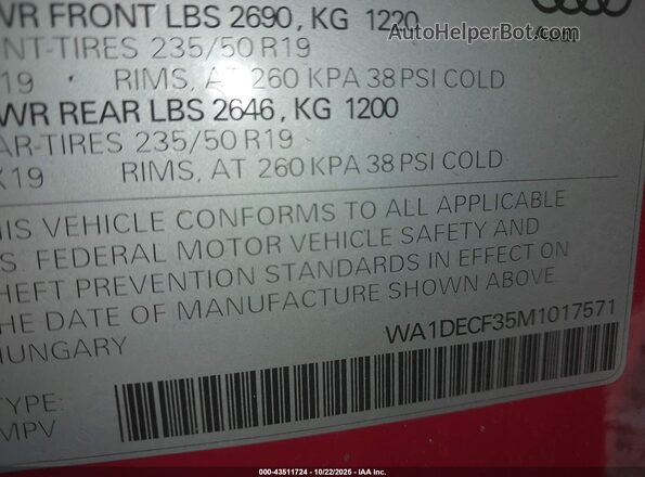 WA1DECF35M1017571 2021 AUDI Q3 Red Engine compartment view