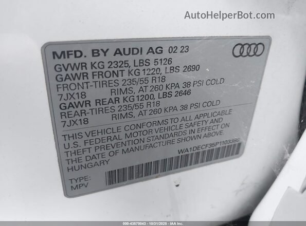 WA1DECF35P1103399 2023 AUDI Q3 White Vista del compartimento del motor